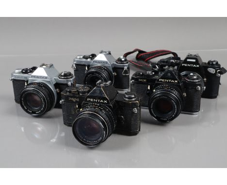 A Group of Pentax SLR Cameras, a Pentax ME, chrome, shutter fires, with SMC 28mm f/2.8 lens, F-G, a ME, black, shutter fires,