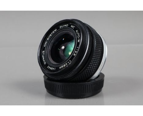 An Olympus OM Zuiko MC 28mm f/2.8 Lens, barrel G, some paint wear to filter ring, elements GG, some light fungus, with rear c