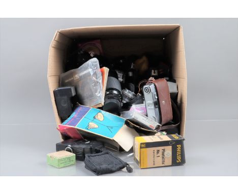 A Box of Camera Related Items, including SLR lenses, enlarging lenses, filters, caps,  and other items 