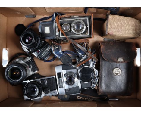 A Tray of Various Cameras, including a Zeiss Ikon Ikoflex I, an Olympus OM-1 body, a Minolta 7000, Dynax 4, a Kodak IA Autogr