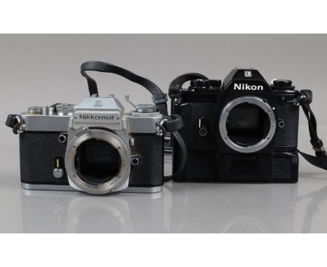 Two Nikon SLR Camera Bodies, a Nikkormat EL, shutter working, meter responsive, self timer working, body G and a Nikon EM, sh