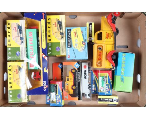 A Tray of Camera Related Toy Vehicles, including three Vanguards Bedford S Type vans, with Kodak livery, a Corgi Bedford CA, 