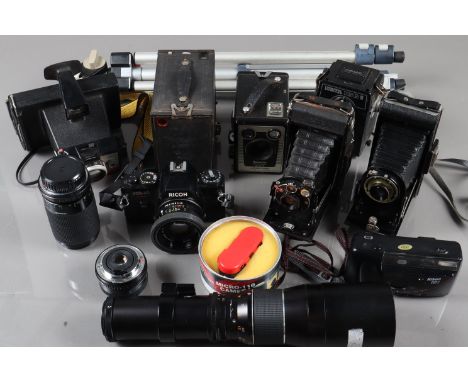 A Tray of Various Cameras, including a Ricoh KR-10 Super, faulty, with Rikenon 50nn f/2 lens, Miranda 24 f/2.8 &amp; 70-210mm