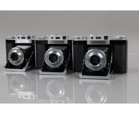 Three Agilux Agifold 1955 Rangefinder Folding Cameras, one missing shutter lever, other shutters fire, rangefinders function,