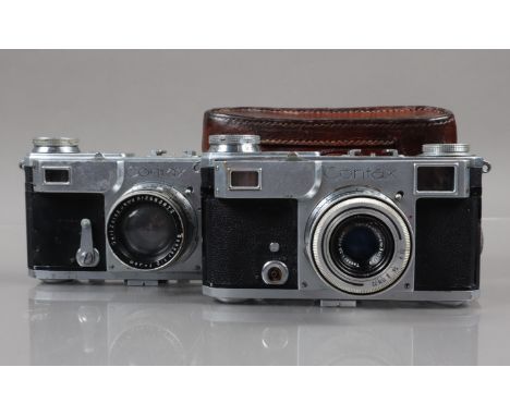 Two Contax II Rangefinder Cameras, one serial no J 74929, shutter sluggish, missing self timer lever, body F-G, some scratche