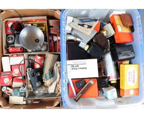 A Box of Camera Related Items, including light meters, filters, filter holders, a tray of flash bulbs, film canisters and oth