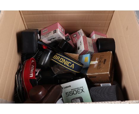A Box of Camera Related Items, including, hoods, caps, flash units, light meters, Gepe slide mounts, chargers, cables, filter
