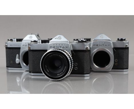 Three Asahi Pentax SLR Camera, a SP 500, shutter working, not battery tested, with Carl Zeiss Jena 50mm f/2.8 lens, body G, e