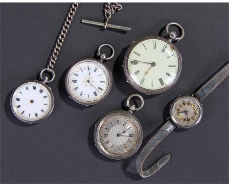 Silver pocket watches, three open face enamel examples, one with a silvered dial, a sliver ladies wristwatch and a plated cha