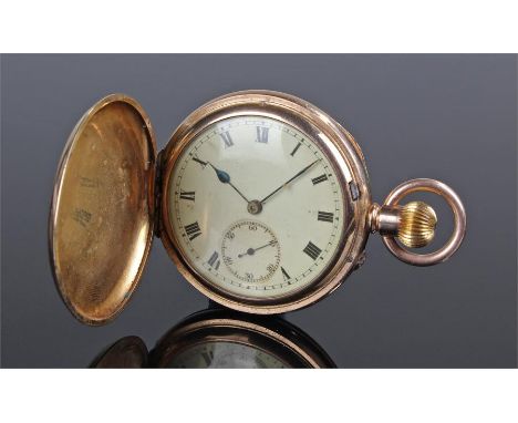 Gold plated hunter pocket watch, with a white enamel dial, crown wound, 52mm diameter