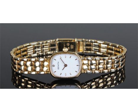 Zenith 9 carat gold ladies wristwatch, the signed white enamel dial with baton hours, 9 carat gold linked bracelet strap, cas