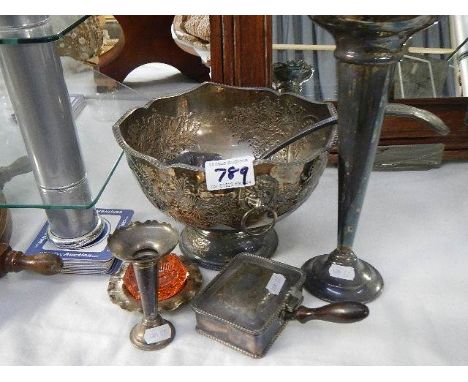 A mixed lot of silver plate including punch bowl and ladle.