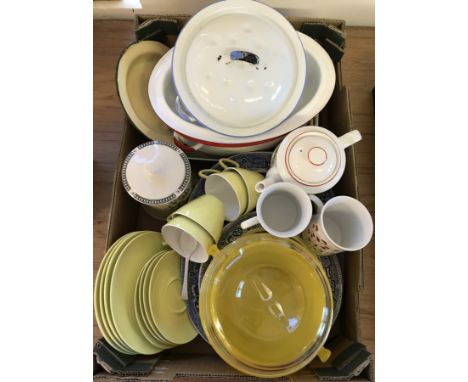 A box of assorted vintage kitchenalia. To include Willow pattern meat plate, enamel ware items, Wade tea for 2 and Fortnum & 