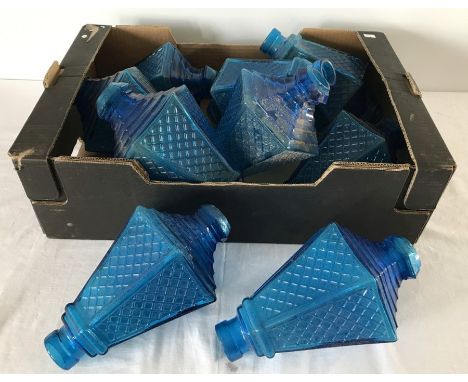 9 vintage teal coloured  glass light shades. In shape of street lamps. Approx 27 cm tall