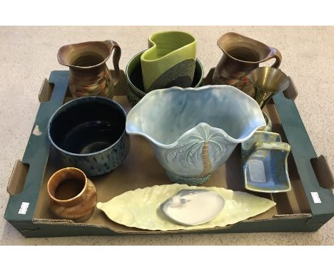A box of assorted ceramics. To include Beswick Palm Tree vase #1069, Wadeheath basket, Hornsea planter & Carlton Ware leaf di