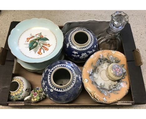 A box of assorted ceramics and glass. To include Victorian hand painted plates and glass decanter. 