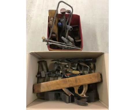2 boxes of vintage woodworking tools. To include coffin planes. 