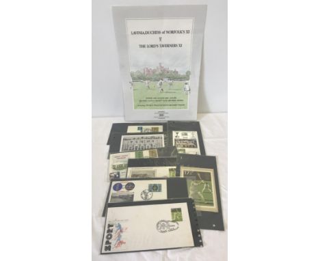 A laminated cricket poster from Lavinia Duchess of Norfolk XI V's Lords Taverners XI, August 1987. Together with 9 cricket re