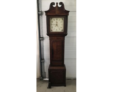 A dark wood long case clock complete with pendulum and weights. Enamelled face with hand painted birds design. Approx. 197cm 