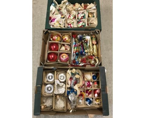3 boxes of vintage Christmas decorations and baubles. To include a quantity of large glass baubles. 