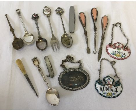 A small collection of misc. items. To include silver penknife, silver plated and enamelled decanter labels & spoons. 