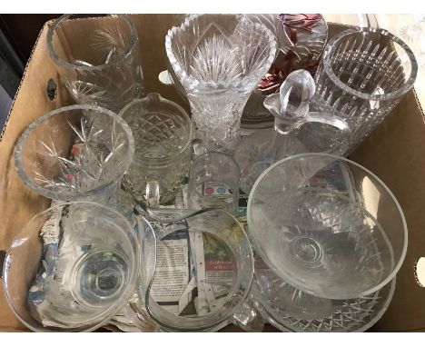 A box of large glassware items. To include vases, jugs and decanter from Harrods.  