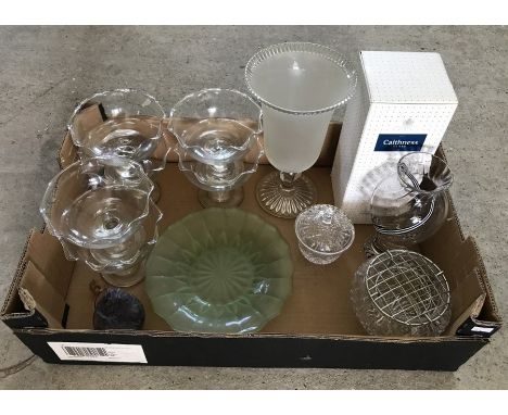 A box of assorted mixed glassware items. To include 6 matching dessert/bonbon dishes, boxed Caithness vase with black stripe 
