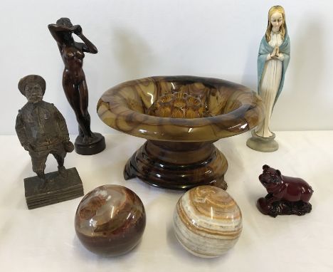 A collection of miscellaneous items. To include a vintage pressed amber glass bowl with frog and stand.  3 figurines - one re