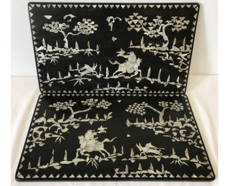 A pair of Chinese wooden panels with Mother of pearl inlay. Depicting hunting scenes. Approx. 49 x 29cm.