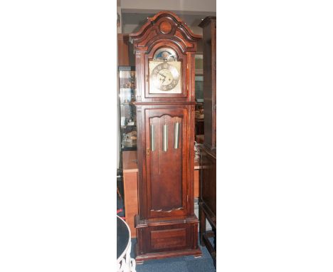 Modern Mahogany Finish Longcase Clock, Brass Dial With Moonphase, Glazed Front.