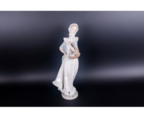 Lladro Style Figurine ' Young Woman with Basket of Flowers ' Stands 13 Inches High. Mint Condition. 