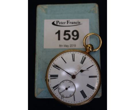 18 ct gold, open faced key wind pocket watch with Roman enamel face and seconds dial. Lacks glass.(B.P. 24% incl. VAT) CONDIT