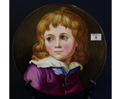 Minton porcelain charger, hand painted with portrait of a young boy in Victorian dress. Impressed marks to base, post 1912 ma