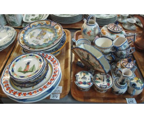 Two trays of quimper ware items various to include plates, preserve pots and covers, vases, cups and sauces, teapot etc (2).(