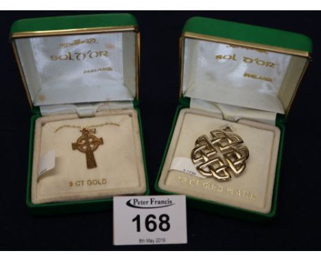 9ct gold Celtic cross pendant on chain together with a gold plated broach.(B.P. 24% incl. VAT)