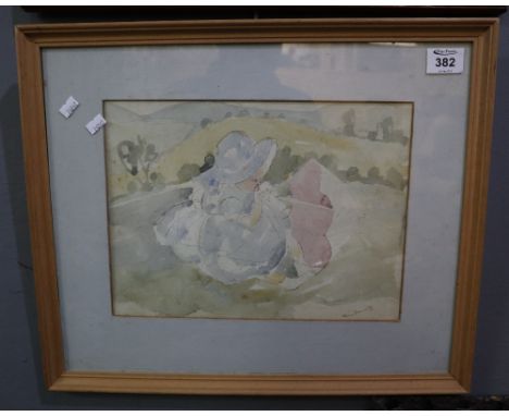 Vera Bassett (Welsh) 20th century, portrait of baby girl in a landscape, signed, watercolours. 24 x 33 cm. Framed and glazed.