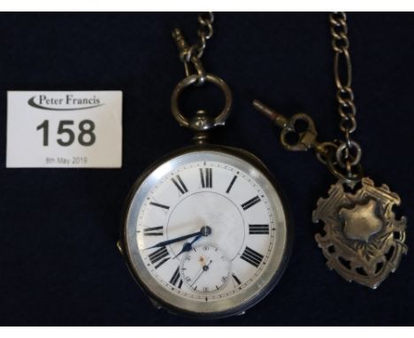 Large, silver keyless pocket watch with white enamel Roman face and seconds dial, with white metal watch chain and silver fob