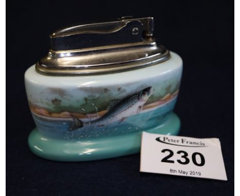 Minton bone china table cigarette lighter painted with leaping fish design, signed R. Scott.(B.P. 24% incl. VAT)