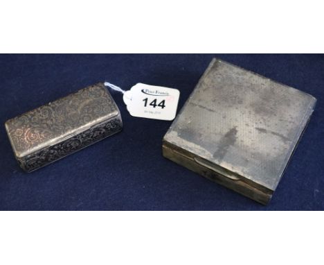 Silver engine turned cigarette box with wooden lining, together with a yellow silver rectangular box with hinged cover and fo