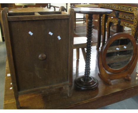 3 items of furniture to include early 20th century oak stick stand circular swivel mirror and a mahogany torchere stand (30).