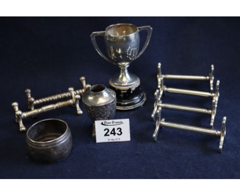 Various items of silver and silver plate including knife rest, trophy cup, napkin ring, pepperette etc.(B.P. 24% incl. VAT)