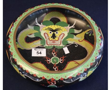 Large Chinese cloisonne enamel bowl with dragon head interior design and four character mark to base. 25.5 cm approximately.(