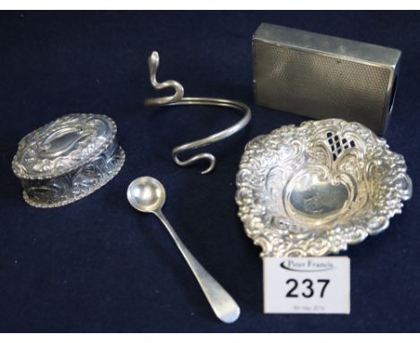 Silver match case, small silver repousse box with hinged cover, silver heart shaped pierced dish, silver salt spoon, and cont