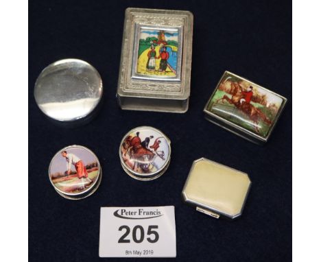 Four modern silver small boxes, a silver engine turned box, and a white metal match box holder.(B.P. 24% incl. VAT)