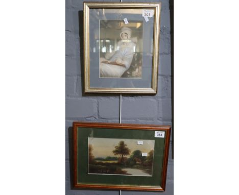 Elliot, cottage by a river, signed, oils on board. Together with British school portrait of a Victorian lady reading, waterco