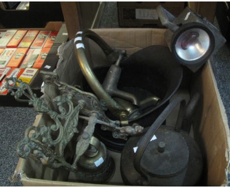 Box of metalware to pair of taps, cast iron teapot, brass bell with bracket etc.(B.P. 24% incl. VAT)