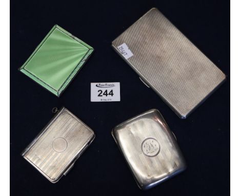 Large engine turned silver cigarette case, another silver cigarette case, silver aid memoir case, and a enamelled silver smal
