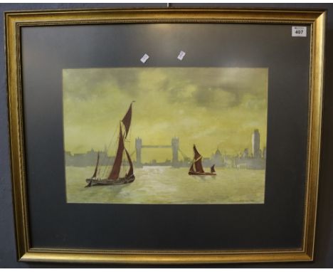 Artist M. E. Mountney River Thames with sailing barges and Tower Bridge signed, watercolours. 35x62 framed and glazed.(B.P. 2