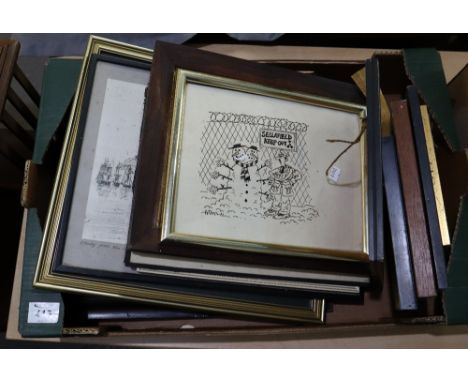Box of assorted furnishing pictures to include Welsh and other topigraphical engravings. Portrait studies, Welsh interest pri