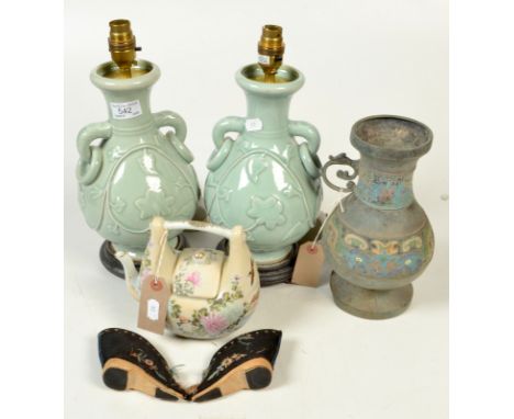 A pair of modern Chinese celadon glazed vases, converted to lamps, height 29cm, a Japanese painted porcelain teapot, a champe